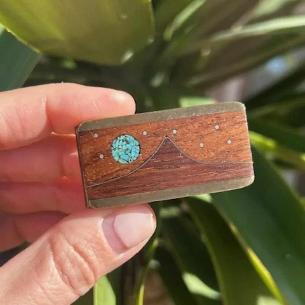 KENNETH REED Wood Brass Turquoise Inlay MONEY CLIP